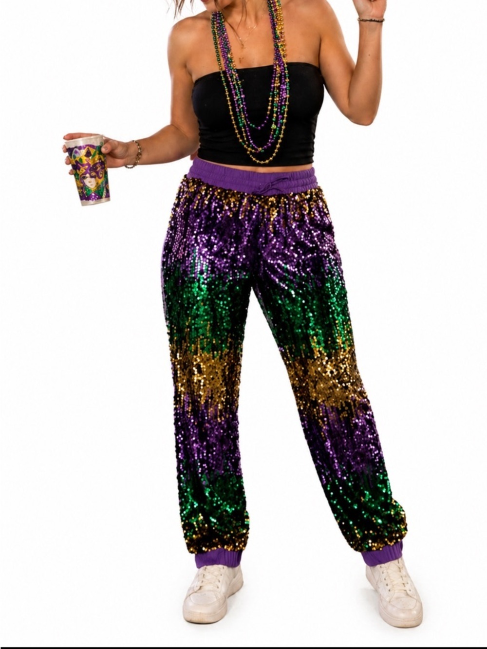 Bibi sequined joggers, Mardi Gras colors, purple, green and gold. Women’s large.